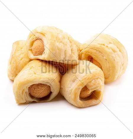 Tasty Mini Sausage In Fresh Hot Crusty Bread Rolls Isolated On White.