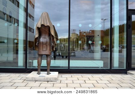 Art deco sculpture. View of architecture of the Ostfold Regional Hospital. June 17,2018. Osfold Region, Norway