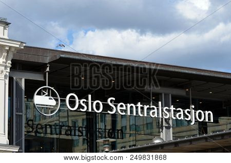 Platform and train view on Oslo central station. Oslo Central Station (Sentralstasjon) is main railway station in Oslo. June 17. 2018. Oslo,Norway