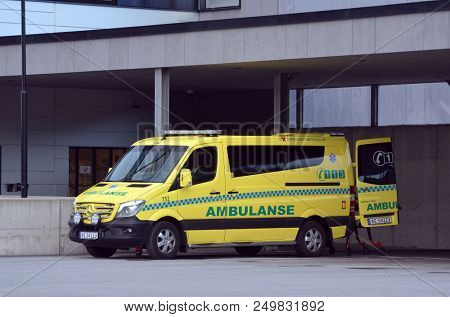 Ambulance near of the Ostfold Regional Hospital. June 17,2018. Osfold Region, Norway