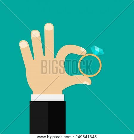 Male Hands Holding Engagement Ring. Vector Flat Style. Vector Stock Illustration.