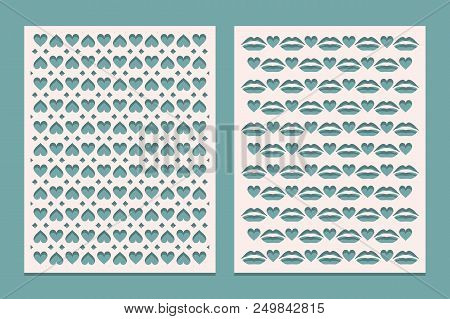 Templates Panels For Cutting With Hearts For Valentines Day. May Be Used For Laser Cut. Openwork Bac
