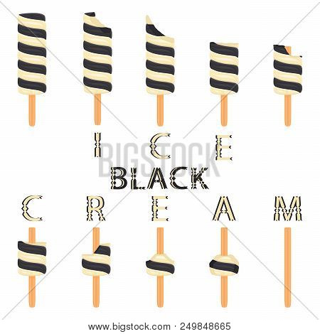 Vector Illustration Logo For Natural Black Ice Cream On Stick. Ice Cream Pattern Consisting Of Sweet