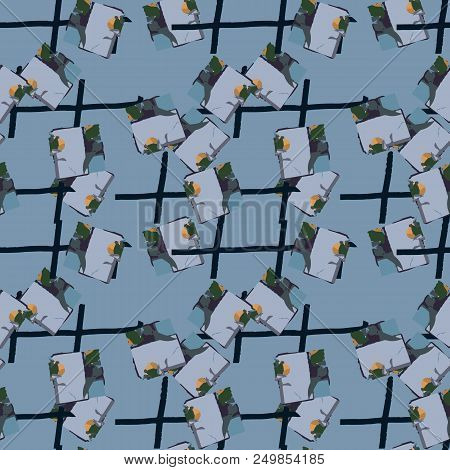 Military Camouflage Seamless Pattern In Shades Of Green And Dusty Blue Colors. Square Grid Ufo Camo 
