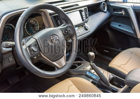 Poland - July 8, 2018: Details Of Toyota Rav4 Hybrid Car Interior.