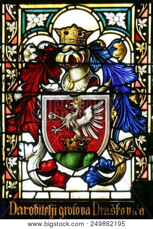 ZAGREB, CROATIA - SEPTEMBER 22: Coat of arms of the Counts Draskovic, stained glass in Zagreb cathedral dedicated to the Assumption of Mary in Zagreb on September 22, 2013.