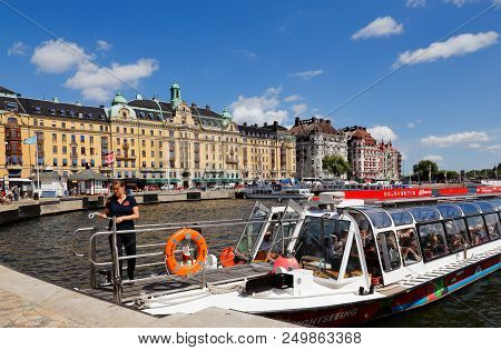 Stockholm, Sweden - July 12, 2018: Sightseeing Boat Operated By Red Sightsseeing Hop-on Hop-off Serv