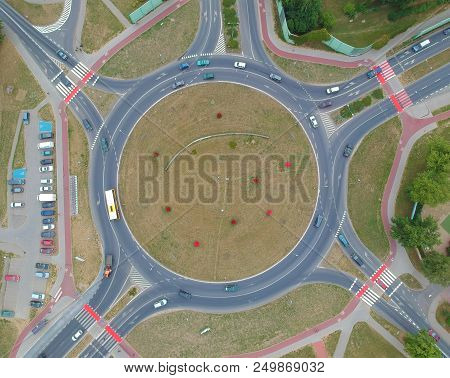 Roundabout Intersection In Five Directions With Island, Aerial View