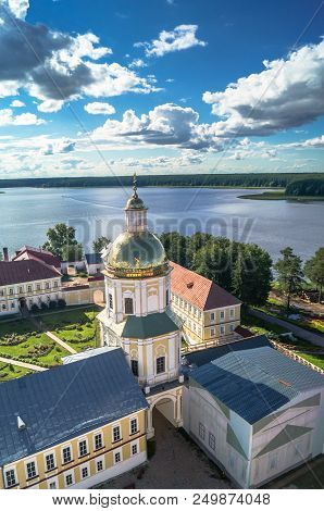 View From The Bell Tower Towards The Gate Church Of The St. Apostles Peter And Paul In The Nilov Mon