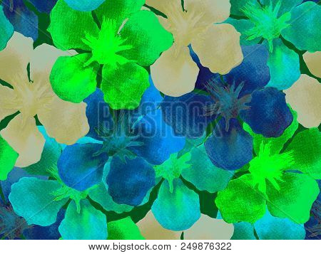 Hawaiian Watercolor Pattern. Green Turquoise Floral Tropical Seamless Print. Hibiscus And Oleander I
