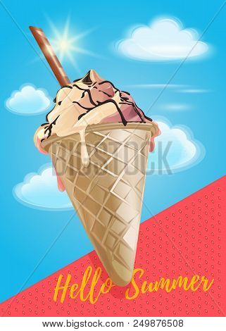 Summer Poster With Ice Cream In Sky. Hello Summer. Summer Design. Vector Illustration
