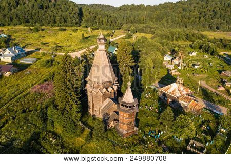 Bird's eye view of the Church of St. Nicholas (built 1696) in Soginicy village, Podporozhysky district. Green forests of Leningrad region and Republic of Karelia, Russia.