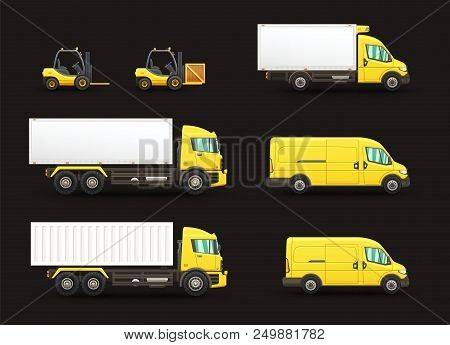 Set Of Delivery And Transportation Vehicles Illustrations Isolated On White Background.