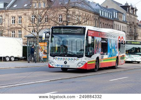 Nuernberg / Germany - March 11, 2018: Mercedes Benz Citaro Bus Drives On Bus Route In Nuernberg.