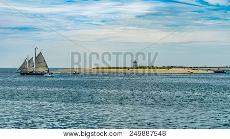 Wo-masted Yacht And Beautiful Landscape Of Ocean Beach Cape Cod Massachusetts Us