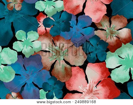 Hawaiian Watercolor Pattern. Indigo Blue Floral Tropical Seamless Print. Hibiscus And Oleander In Ha
