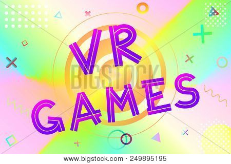 Vr Game Text, Colorful Lettering In Modern Gradient On Bright Geometric Pattern Background, Stock Ve