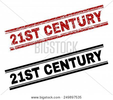 21st Century Stamp Seal Print With Red Distress And Clean Black Version. Red Vector Rubber Print Of 