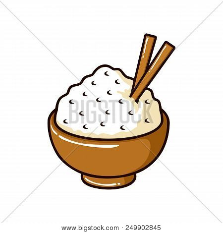 Rice In The Bowl With Chopsticks Vector Illustration Isolated On White Background