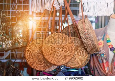 Rattan Round Bags At A Street Shop. Bali.