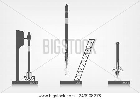 Rocket At The Cosmodrome, Startup, Liftoff And Landing In Flat Design.