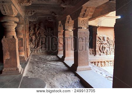 Cave 1: Interior View Of A 18 Pillared Hall. Badami Caves, Karnataka, India. Ardhanarishvara Sculptu