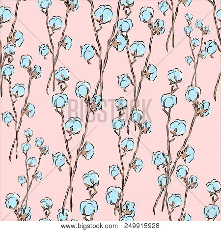 Cotton Branch Pattern Seamless Background. Simple Drawing, Simple Colors