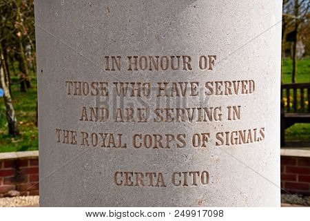 Alrewas, Uk - April 18, 2018 - The Royal Corps Of Signals Memorial Inscription At The National Memor