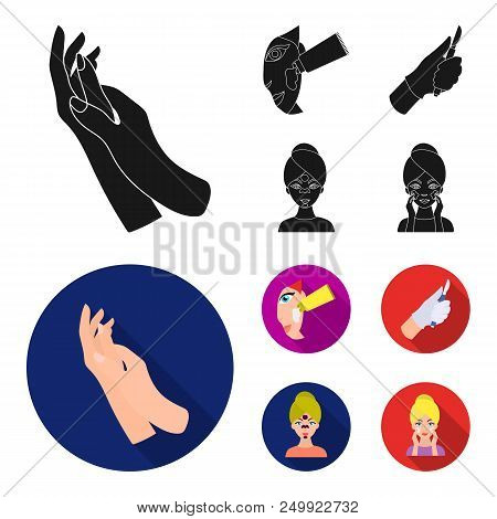 Hand Moisturizing, Scalpel Surgeon Mask On Face, Cream On Face. Skin Are Set Collection Icons In Bla