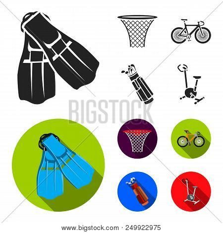 Flippers For Swimming, Basketball Basket, Net, Racing Holograph, Golf Bag. Sport Set Collection Icon