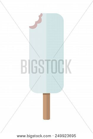 Biten Ice Cream On Stick. Eskimo In White Chocolate. Vector In Flat Design. Refreshing Cold Dessert.