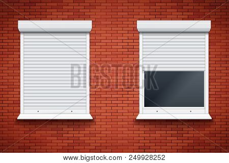 Set Of Roller Shutters Window On Red Brick Wall. Closed And Opened Protect System Equipment. White C