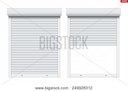Set Of Roller Shutters Window. Closed And Opened Protect System Equipment. White Color. Vector Illus
