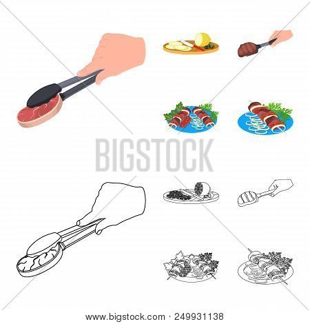 Tongs With Steak, Fried Meat On A Scoop, Slicing Lemon And Olives, Shish Kebab On A Plate With Veget