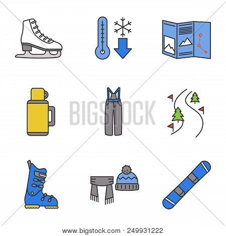 Winter Activities Color Icons Set. Scarf And Hat, Cold Weather, Map, Thermos, Ski Pants And Boot, Fo