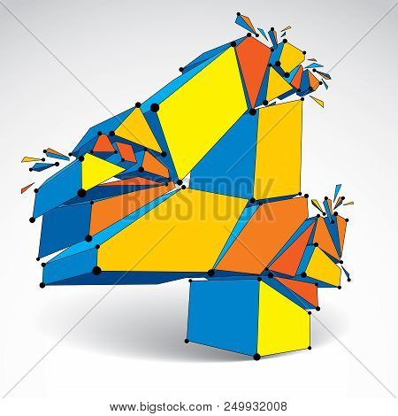 Vector Dimensional Wireframe Number 4, Colorful Demolished Digit With Fragments. 3d Mesh Technology 