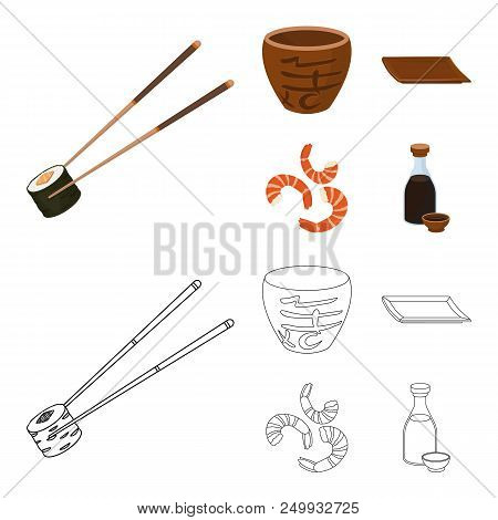 Sticks, Shrimp, Substrate, Bowl.sushi Set Collection Icons In Cartoon, Outline Style Vector Symbol S