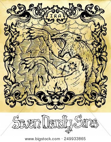 Wrath. Latin Word Ira Means Anger. Seven Deadly Sins Concept On Texture Vector Background. Vector Co