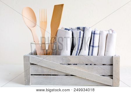 Some Kitchen Items On White Background. Napkins, Appliences. White Background.