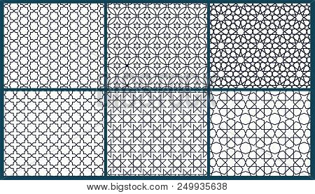 Set Of 6 Arabic Patterns Background. Geometric Seamless Muslim Ornament Backdrop. Vector Illustratio
