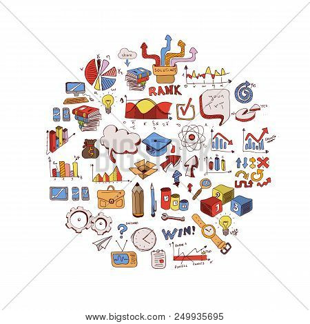 Concept Of Education. School Background With Hand Drawn School Supplies And Comic Speech Bubble With