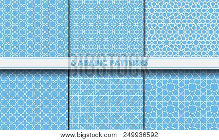 Set Of 6 Arabic Patterns Background. Geometric Seamless Muslim Ornament Backdrop. Vector Illustratio