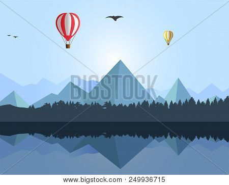 Flat Vector Illustration Of Landscape With Mountains And Light Blue Sky With The Morning Sun, Flying