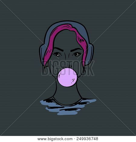 Pretty Hand Drawn Girl Listen To Music And Chews Bubblegum. Vector Illustration.