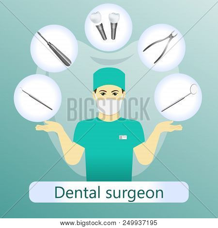 Vector Illustration Of Dental Surgeon With Defferent Dental Instruments On The Light Green Backgroun