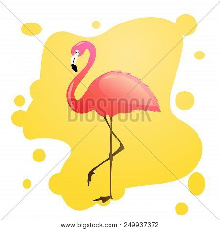 Pink Cartoon Gradient Flamingo On The Yellow Abstract Background. Vector Illustration