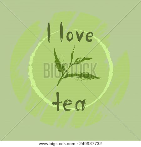 Hand Drawn Green Tea Leaf With Lettering. Vector Illustration.
