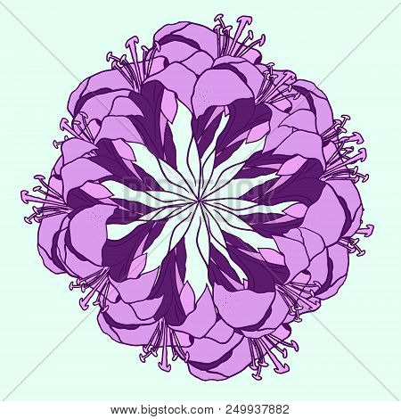 Vector Illustration Of Bright Purple Lily Flowers Circle On The Light Green Background.