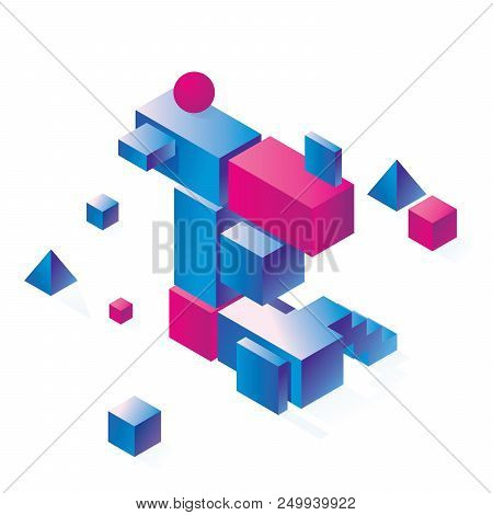 Bright Vowel Letter E Concept In Isometry Style. Bright Blocks Drawn With Gradient, Good For Decorat