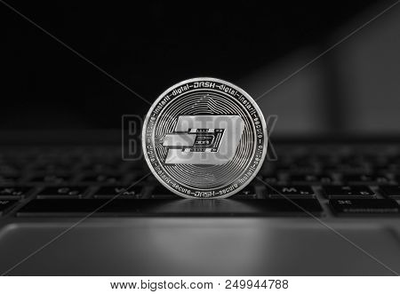 Dash Coin Symbol On Laptop. Concept Financial Currency, Crypto Currency Sign. Blockchain Mining. Dig